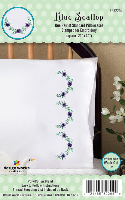 Design Works Crafts Lilac Scallops Stamped for Embroidery Pillowcases, Purple