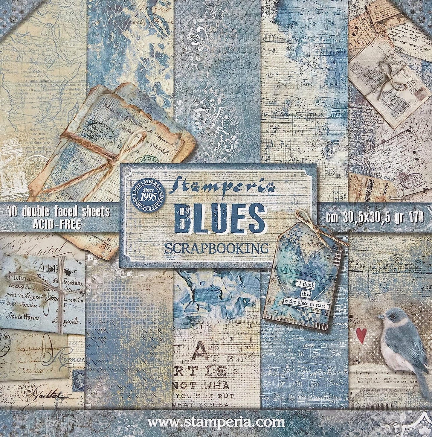 Stamperia Pack 10 Sheets Double face-Blues, 30.5x30.5cm, Multicolored
