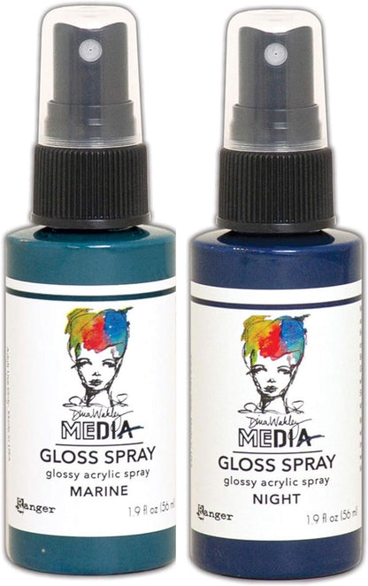 Dina Wakley MEdia Gloss Sprays by Ranger - Magenta, Cheddar, Lemon, Lime, Olive, Turquoise, Ocean, Marine, Night, Fuchsia, Eggplant, White, Bundle of 12 (1.9 Fl oz) Spray Bottles