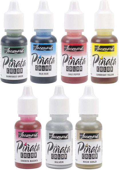 Jacquard Pinata Alcohol Inks 7 Pack Bundle, Silver, Rich Gold, Senorita Magenta, Sunbright Yellow, Chili Pepper, Baja Blue, Rainforest Green and 10X Pixiss Ink Blending Tools