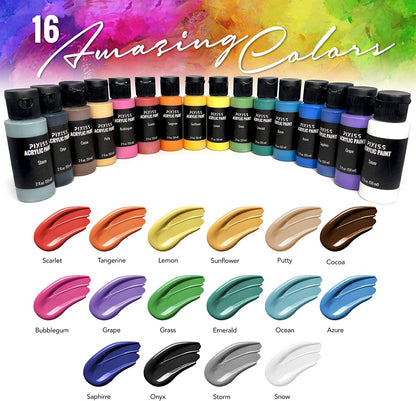 Pixiss Acrylic Paints Set of 16 Vibrant Colors