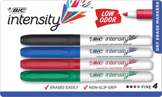 BIC GDEP41-Ast Great Erase Low Odor Dry Erase Markers, Fine Point, Assorted, 4 Dry Erase Markers