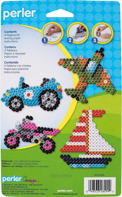 Perler SUV, Sailboat, Car, and Airplane Fuse Bead Pegboard Set with Ironing Paper, Multicolor, Small, 6 Piece