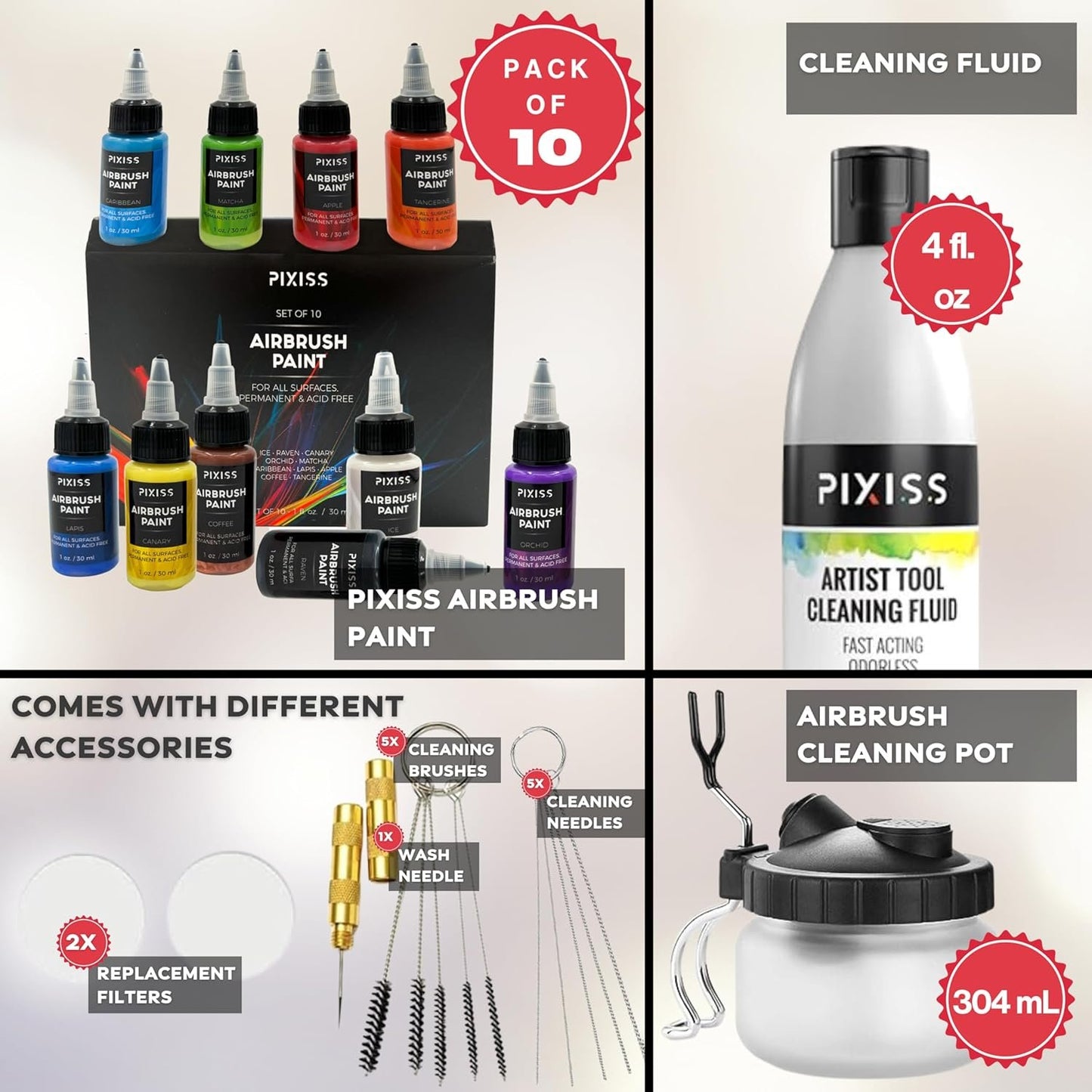 Pixiss Air Brush Painting Set with Airbrush Cleaner Pot and Brush Cleaner Fluid (4 fl oz) - 10 Colors of Acrylic Paint for Airbrush Kit with accessories for Model Paint Kit