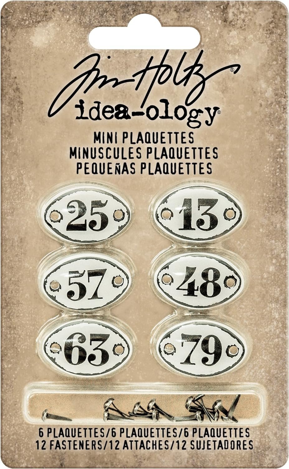 Tim Holtz Idea-ology Mini Plaquettes, Small Metal Numbered Plates 6-Pack, 1/2 x 3/4 Inch Each, White with Black Numbers (TH93296)