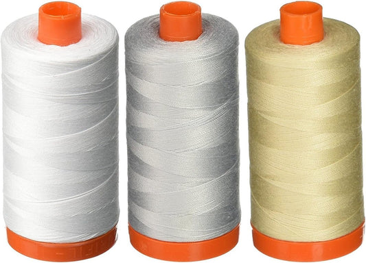 3-PACK - Aurifil 50WT - White + Dove + Light Beige, Solid - Mako Cotton Thread - 1422Yds EACH
