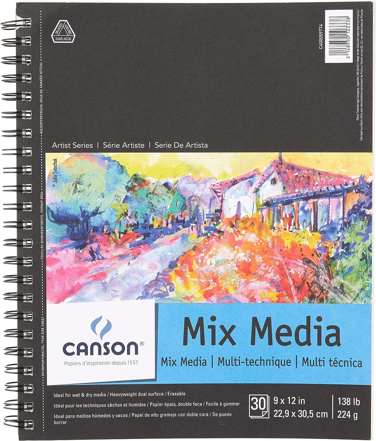 Canson Artist Series Mixed Media Paper, Wirebound Pad, 9x12 inches, 30 Sheets (138lb/224g) - Artist Paper for Adults and Students - Watercolor, Gouache, Graphite, Ink, Pencil, Marker
