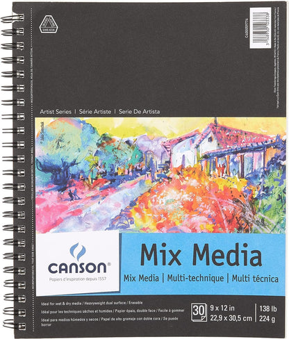 Canson Artist Series Mixed Media Paper, Wirebound Pad, 9x12 inches, 30 Sheets (138lb/224g) - Artist Paper for Adults and Students - Watercolor, Gouache, Graphite, Ink, Pencil, Marker