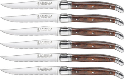 Trudeau Laguiole Steak Knives with Pakkawood Handles (Set of 6), Stainless/Wood