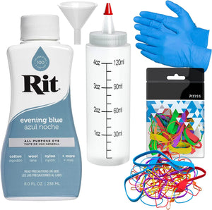 Rit Dye Liquid Evening Blue All-Purpose Dye 8oz, Pixiss Tie Dye Accessories Bundle with Rubber Bands, Gloves, Funnel and Squeeze Bottle