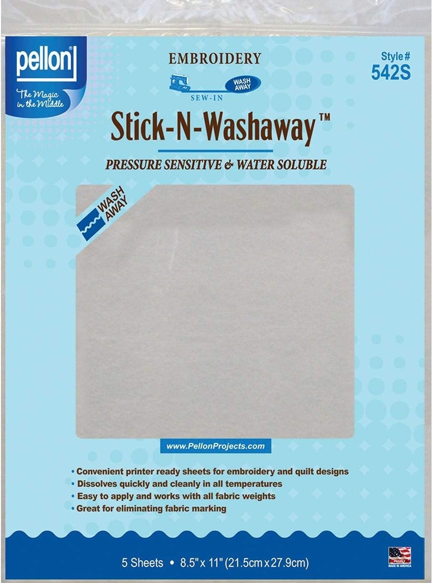 Pellon, White, Stick-N-Washaway Stabilizer, 8.5 by 11-Inch, 5-Pack