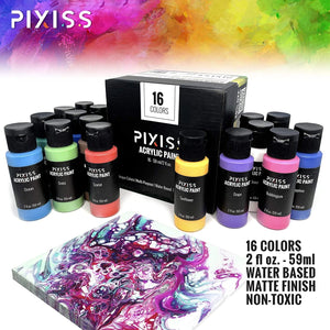 Pixiss Acrylic Paints Set of 16 (59 ml/2fl.oz), Paint Brush 10 Piece Set, 5x5-Inch Canvases 3 Pack, Art Supplies Paint Set for Casual Painters Great for Canvas Painting