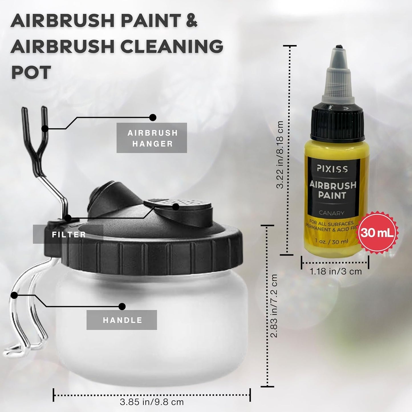 Pixiss Air Brush Painting Set with Airbrush Cleaner Pot and Brush Cleaner Fluid (4 fl oz) - 10 Colors of Acrylic Paint for Airbrush Kit with accessories for Model Paint Kit