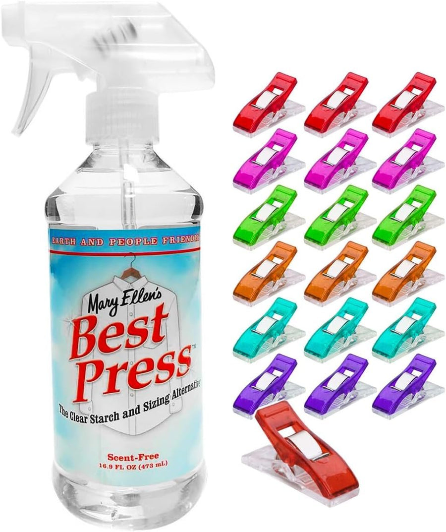 Mary Ellen's Best Press and Pixiss Fabric Clips Bundle - Spray Starch for Ironing, Anti-Wrinkle Quilting Spray, 25 Heavy Duty Clothes Pins