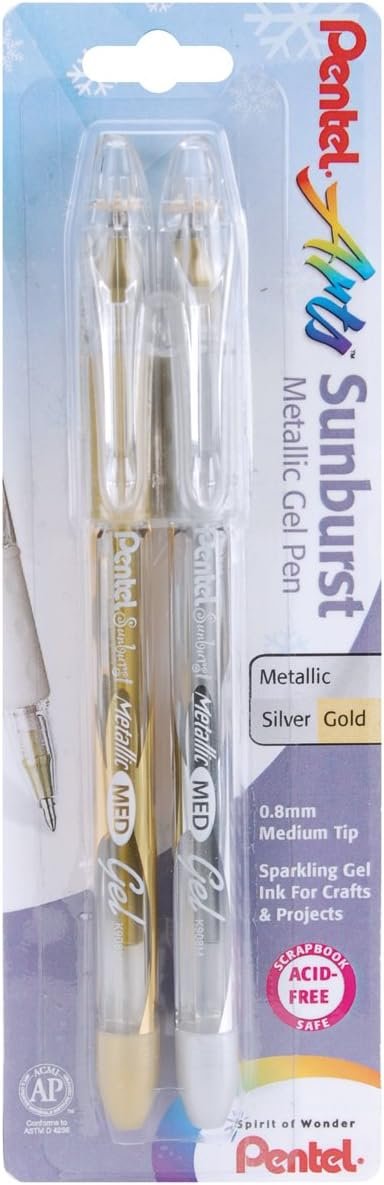 Pentel Arts Sunburst Metallic Gel Pen, Medium Line, Permanent, Gold and Silver Ink, 2 Pack (K908BPXZ)