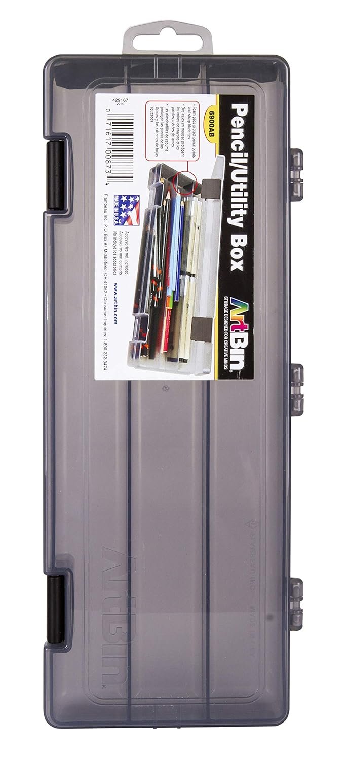 ArtBin 6900AB Pencil Utility Box, Art & Craft Organizer, [1] Divided Storage Box for Pens, Pencils, Markers, Paint Brushes, etc., Translucent Charcoal