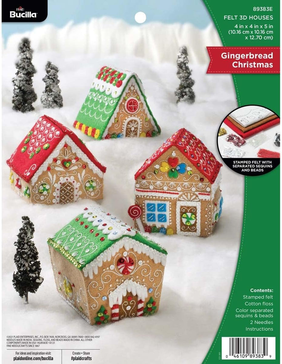 Bucilla Felt Applique 4 Piece Ornament Making Kit, Gingerbread Christmas, Perfect for DIY Arts and Crafts, 89383E