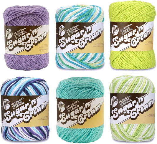 Lily Sugar'n Cream Cotton Yarn 6-Pack Hot Purple, Seabreeze, Hot Green, Moondance, Mod Ombre, and Key Lime Pie