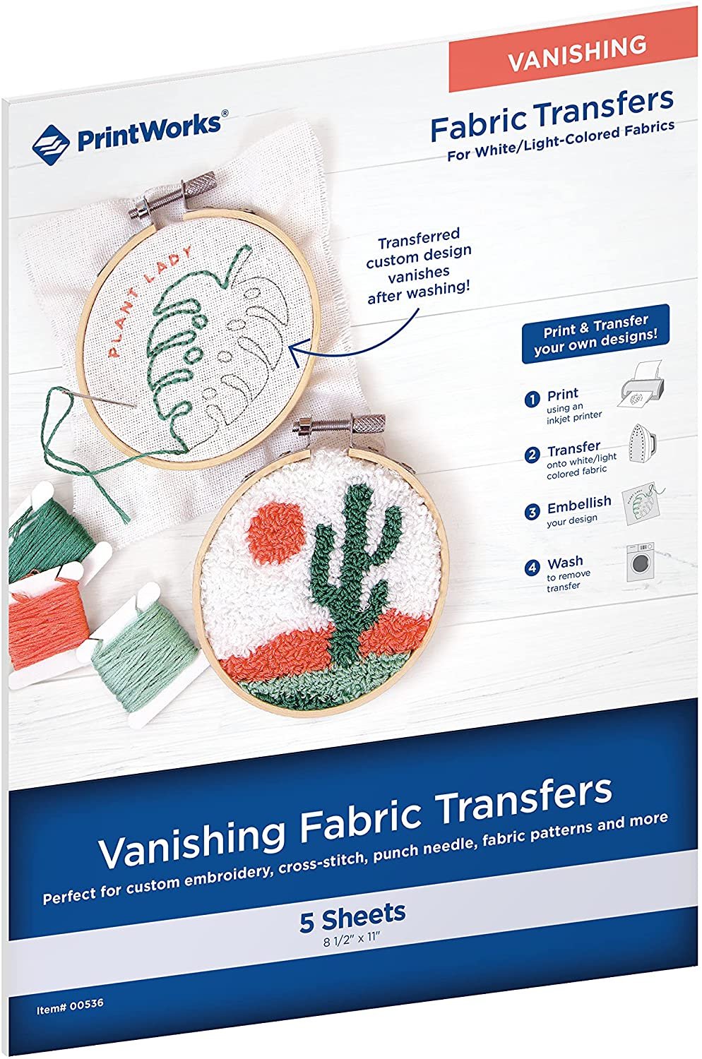 Print Works Vanishing Embroidery Transfers, for White/Light-Colored Fabrics, 5 Sheets, Inkjet, 8.5 x 11 (00536)