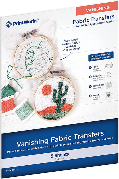 Print Works Vanishing Embroidery Transfers, for White/Light-Colored Fabrics, 5 Sheets, Inkjet, 8.5 x 11 (00536)