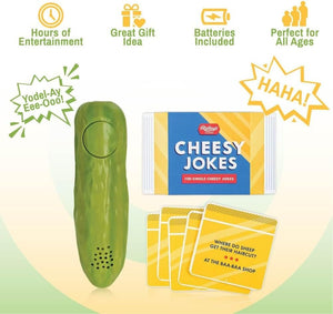 Yodeling Pickle and Cheesy Jokes Bundle – Fun Dad Joke Gifts with Musical Pickle Toy and Hilarious Lunchbox Joke Cards – Gag Gifts and Joke Gifts for Men and Women, Pickle Gifts for Pickle Lovers