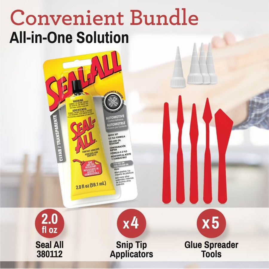 Seal All 380112 (2 fl oz) Contact Adhesive and Sealant with Snip Tip Applicator (x4) and Glue Spreader Tools (x5) - Cyanoacrylate Adhesive with Tools for Crafts, Repairs, DIY Projects, and More.