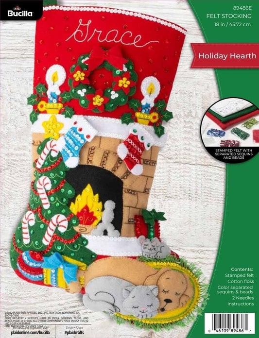 Bucilla Felt Applique 18" Stocking Making Kit, Holiday Hearth, Perfect for DIY Arts and Crafts, 89486E