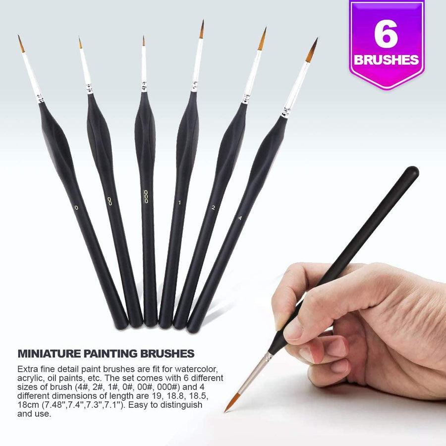 Small Paint Miniature Brushes Fine Tip 6pc 000 Paintbrushes Set for Model Craft Warhammer Airplane Kits Micro Detail Hobby Painting with Helping Hand Magnifying Glass Dual Alligator Clips