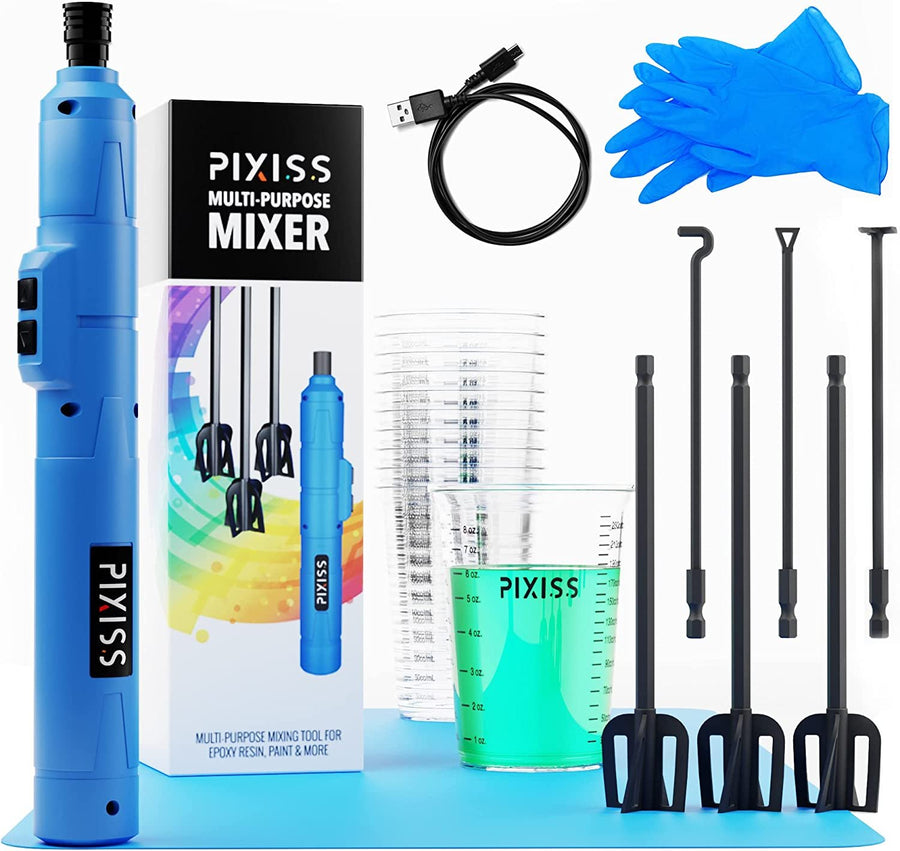 Pixiss Premium Resin Mixer - Handheld Rechargeable Epoxy Mixer, Epoxy Resin Mixer Pro, Resin Stirrer for Resin, Resin Molds, Silicone Molds Mixing, Includes 4 Unique Styles - Resin Mixer Starter Kit