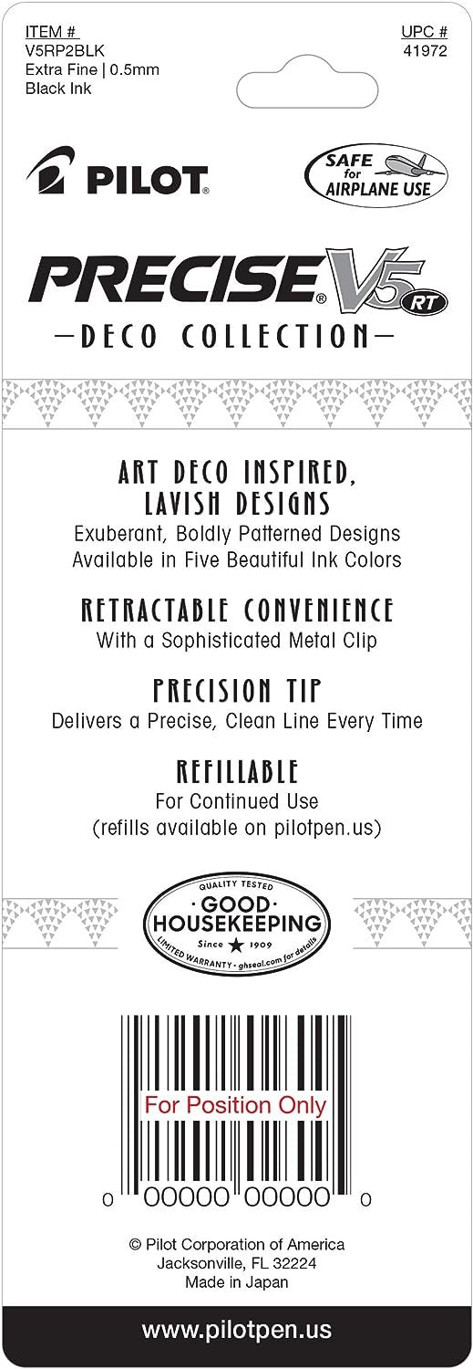 PILOT Precise V5 RT Deco Collection Refillable & Retractable Liquid Ink Rolling Ball Pens, Extra Fine Point, 0.5mm, Black Ink