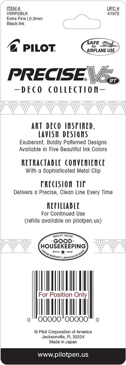 PILOT Precise V5 RT Deco Collection Refillable & Retractable Liquid Ink Rolling Ball Pens, Extra Fine Point, 0.5mm, Black Ink