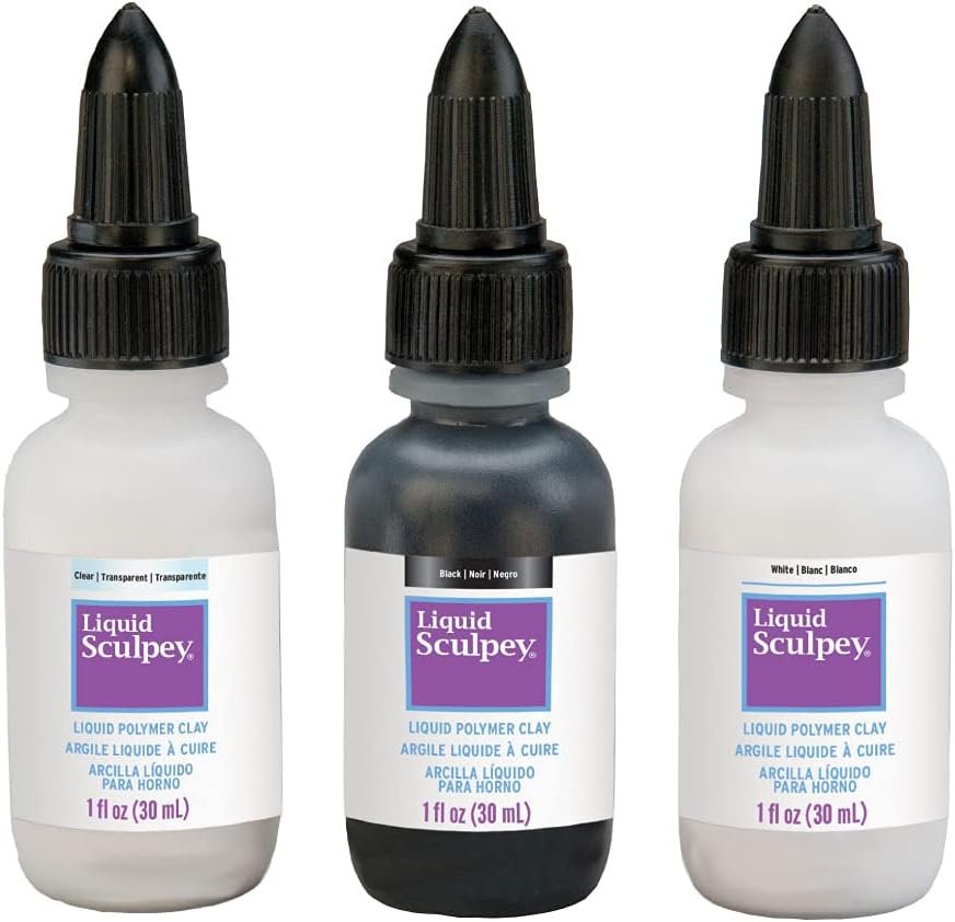 Liquid Sculpey Liquid Polymer Oven-Bake Clay, Classic Sampler Pack, Three 1 oz. bottles included, White, Black and Clear colors, Great for jewelry, holiday, DIY
