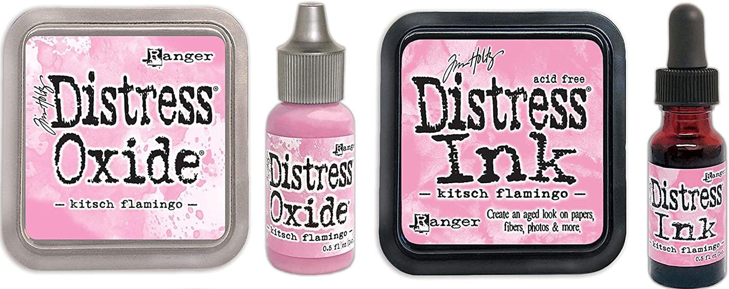 Tim Holtz Distress Kitsch Flamingo February 2021 Release, Distress Ink Pad/Reinker, Oxide Ink Pad/Reinker, Embossing Glaze, Flip Top Paint, Oxide Spray, Spray Stain, Collector Enamel Pin, 9 Items