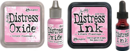 Tim Holtz Distress Kitsch Flamingo February 2021 Release, Distress Ink Pad/Reinker, Oxide Ink Pad/Reinker, Embossing Glaze, Flip Top Paint, Oxide Spray, Spray Stain, Collector Enamel Pin, 9 Items