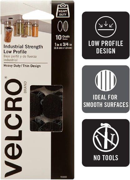 VELCRO Brand 1in x 3/4in Industrial Fasteners | Low Profile Thin Design | Professional Grade Heavy Duty Strength | Indoor Outdoor Use Ovals, 10 Sets, Black