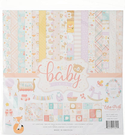 Echo Park Paper Company Hello Baby Girl Collection Kit Paper, Pink, Teal, Yellow, Purple, Orange 12 Count