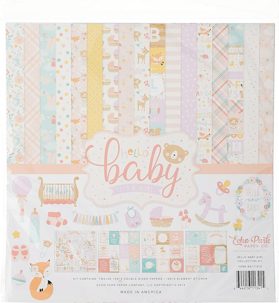 Echo Park Paper Company Hello Baby Girl Collection Kit Paper, Pink, Teal, Yellow, Purple, Orange 12 Count