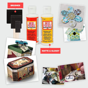 Mod Podge Decoupage Starter Kit, Gloss and Matte Medium with 3 Pixiss Foam Brushes, Waterproof for Puzzles, Wood and More