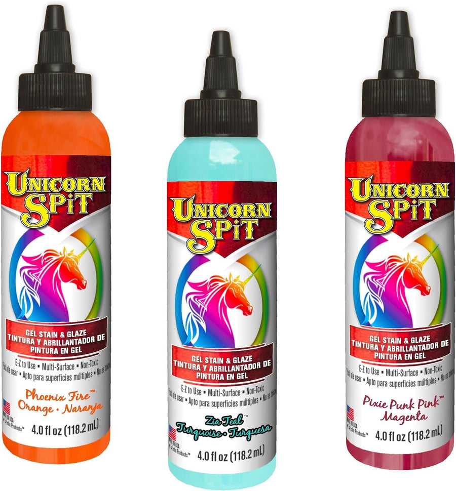 Unicorn Spit Gel Stain & Glaze in One - Calypso Collection includes: Phoenix Fire, Pixie Punk Pink, Zia Teal in 4 oz size