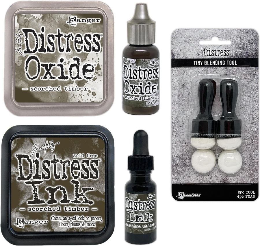 Tim Holtz Distress Scorched Timber, January 2024 Release,Includes Distress Pad/Reinker, Distress Oxide Pad/Reinker, Package of 2 Tiny Blending Tools, Bundle of 5 Items