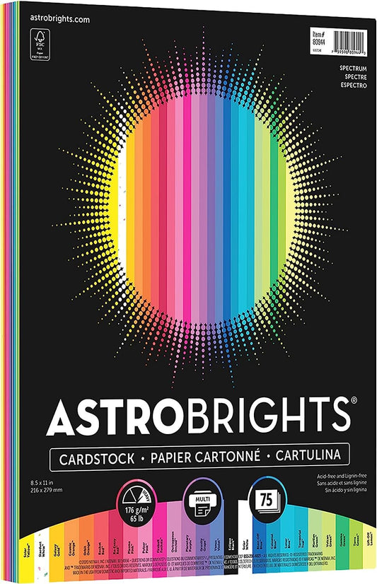 Astrobrights Colored Cardstock, 8.5” x 11”, 65 lb / 176 gsm, "Spectrum" 25-Color Assortment, 75 Sheets (80944-01)