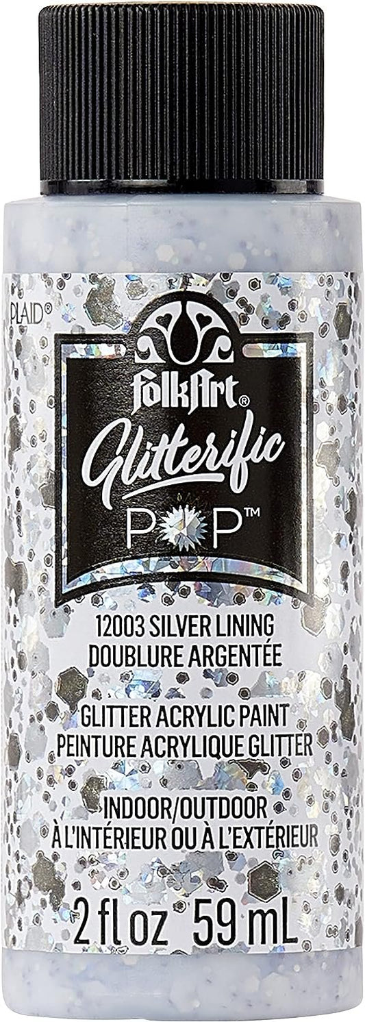 FolkArt Glitterific Pop Acrylic Craft Paint, Silver Lining 2 fl oz Premium Glitter Finish Paint, Perfect For Easy To Apply DIY Arts And Crafts, 12003