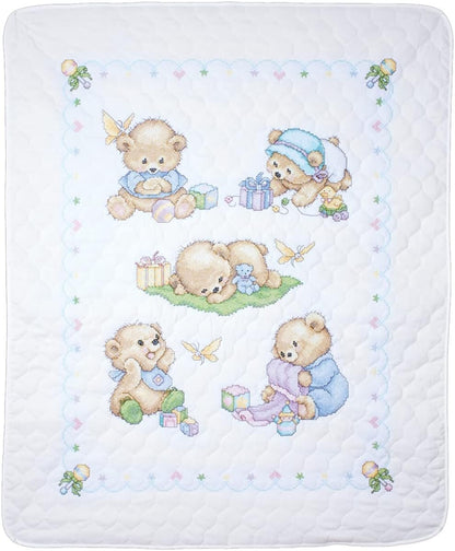 Tobin Bears Stamped for Cross Stitch Baby Quilt Kit, White/Multicolor , 43" x 34"