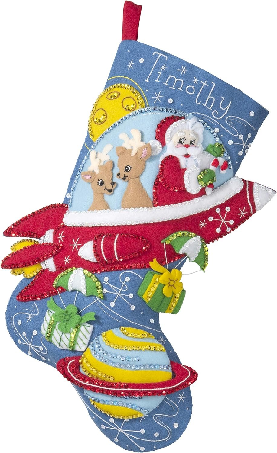 Bucilla 89237E Felt Applique Christmas Stocking Kit, Rocket Ship Santa, 18"