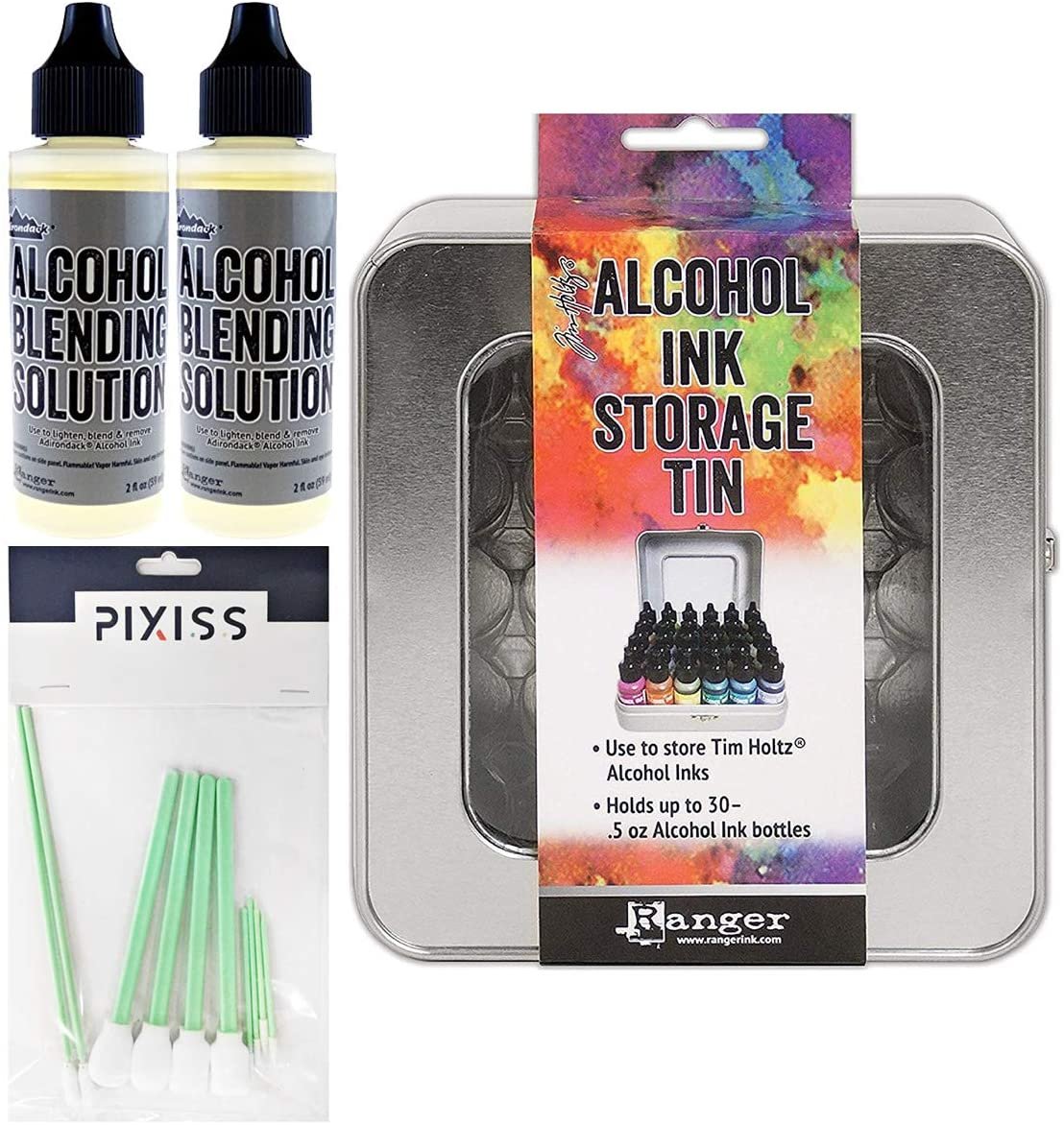 Ranger Tim Holtz Alcohol Ink Storage Tin, 2 Pack Ranger Alcohol Ink Blending Solution, 10x Pixiss Blending Tools