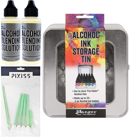 Ranger Tim Holtz Alcohol Ink Storage Tin, 2 Pack Ranger Alcohol Ink Blending Solution, 10x Pixiss Blending Tools