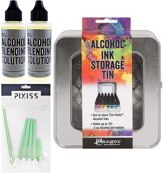 Ranger Tim Holtz Alcohol Ink Storage Tin, 2 Pack Ranger Alcohol Ink Blending Solution, 10x Pixiss Blending Tools