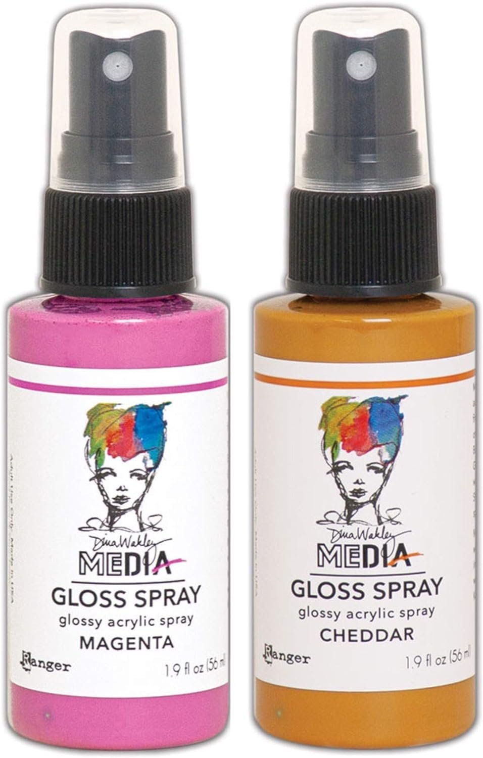 Dina Wakley MEdia Gloss Sprays by Ranger - Magenta, Cheddar, Lemon, Lime, Olive, Turquoise, Ocean, Marine, Night, Fuchsia, Eggplant, White, Bundle of 12 (1.9 Fl oz) Spray Bottles