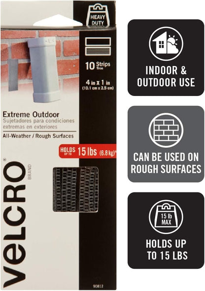 VELCRO Brand Industrial Fasteners Extreme Outdoor Weather Conditions Professional Grade Heavy Duty Strength Holds up to 15 lbs on Rough Surfaces, 4in x 1in (5pk), Strips, Gray