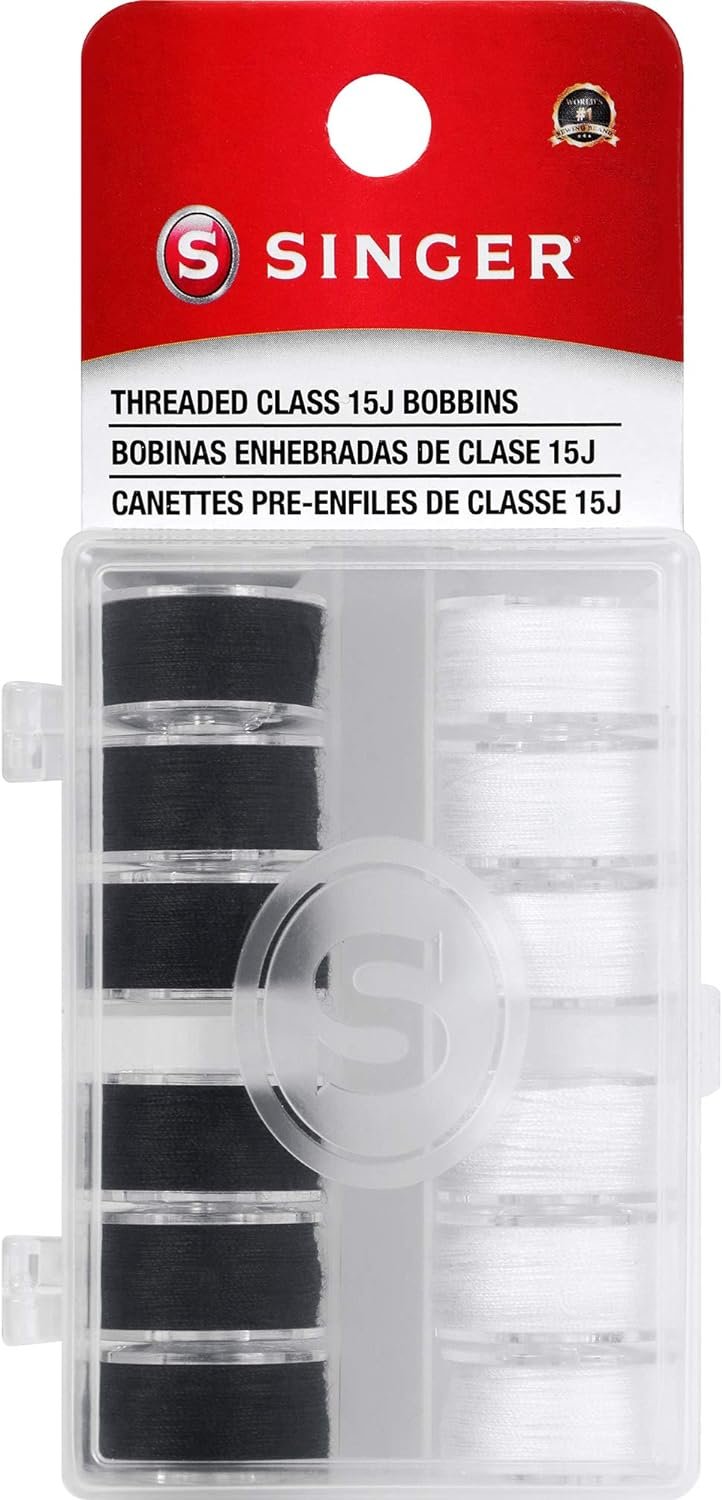 SINGER Class 15J Threaded Bobbins in Case, 12-Count, Black & White
